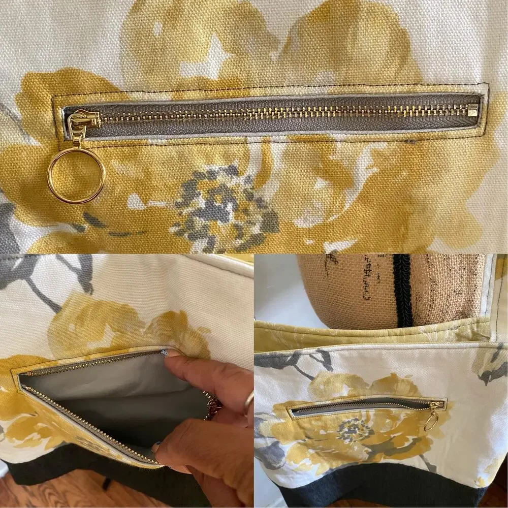 Handcrafted Fabric Purse Cream Artisan Carryall Tote Floral Denim Shoulder Bag